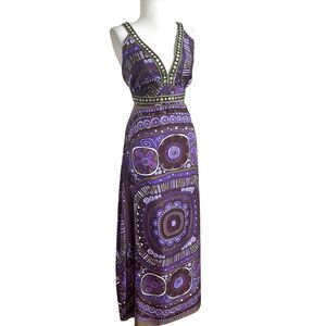 Vintage ITW Silk Babydoll Y2K Studded Retro Maxi Dress 10 Purple 70s Hippie Boho